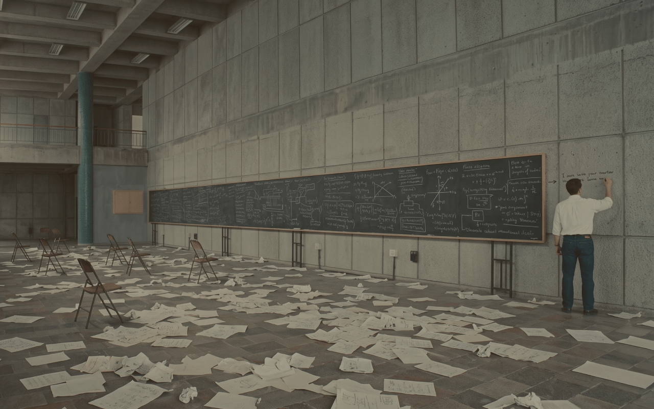 Keep solving. A quiet concrete lecture hall with a chalkboard full of notes and one person still writing.